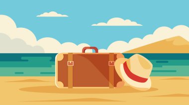Kumsalda antika bavul ve şapka. Yaz tatilleri, seyahatler, tatil retro asgari poster. Vektör illüstrasyonu.