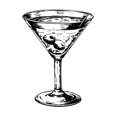 Beyaz arka planda zeytinli klasik bir martini çizimi.