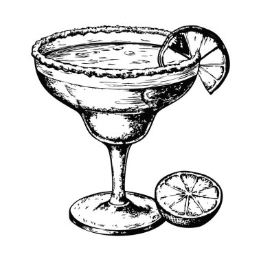 Beyaz bir arka planda, tuzlu kenarlı ve limon dilimli margarita çizimi.