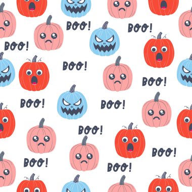 Beyaz arka planda kesik gözlü ve ağzı olan Cadılar Bayramı balkabağı deseni