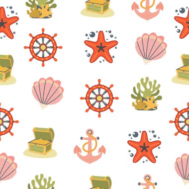 Deniz düzeni. Mercan kayalıkları, altınla dolu göğüs, denizyıldızı, çapa, kabuk, gemi tekerleği