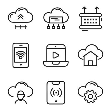 Teknolojik ikonlar dizisi. Açık çizgiler, parlak aksan renkleri. Temiz beyaz arka planlar. 5G, AI, VR, IOT ve bulut hesaplama kavramları.