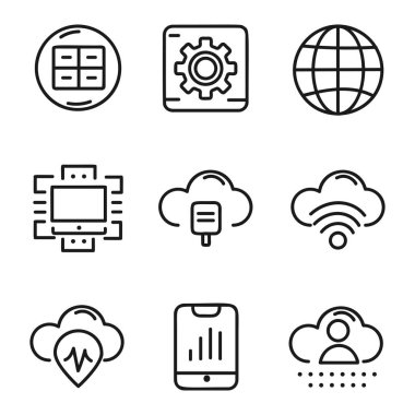 Teknolojik ikonlar dizisi. Açık çizgiler, parlak aksan renkleri. Temiz beyaz arka planlar. 5G, AI, VR, IOT ve bulut hesaplama kavramları.
