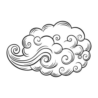 Beyaz arkaplanda izole edilmiş elle çizilmiş antika bulutlar.