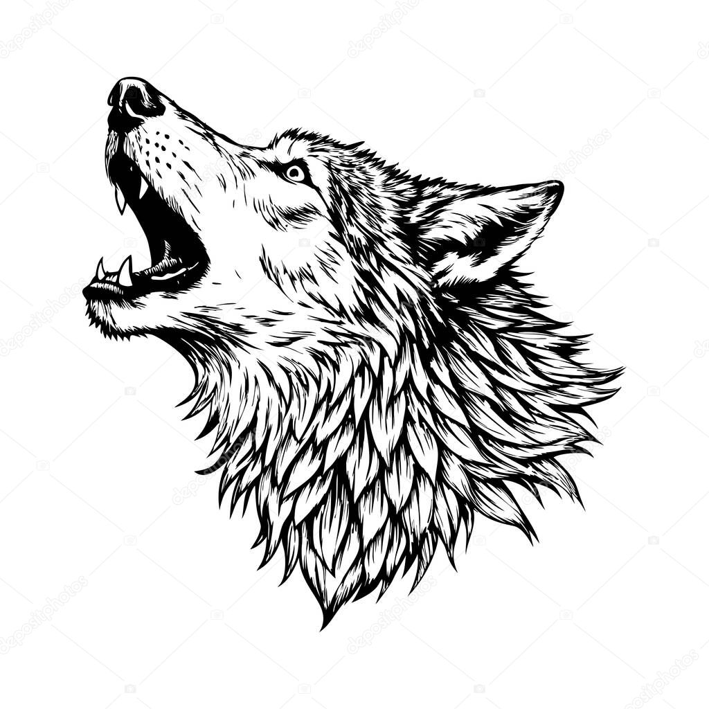 A howling wolf in profile, surrounded by minimal details, on a white background.