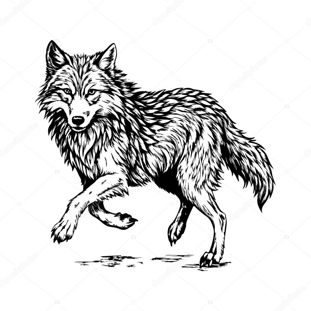 Running wolf in motion with detailed fur texture on a white background.