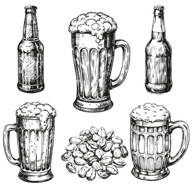 Set kupası, şişe ve bira aperatifleri. - Bira. beyaz arkaplan