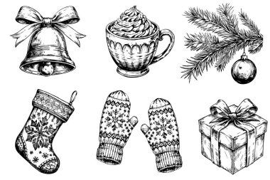 Bir zil, bir fincan, bir kupa, bir çorap, bir çift eldiven, bir ağaç ve bir hediye kutusu gibi çeşitli Noel temalı eşyalar. Sahne neşeli ve neşeli.