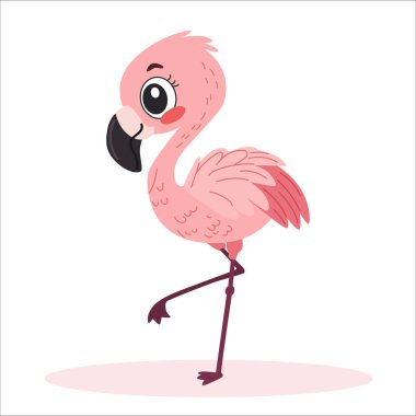 Şirin pembe bir flamingo kuşu. Beyaz arkaplanda çocuk stili illüstrasyonu