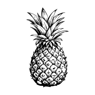 Bir ananas siyah beyaz çizilir. Çizim basit ve zarif, ananas boşluğun çoğunu kaplıyor. Görüntünün odak noktası ananas.