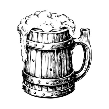 Üzerinde köpük olan tahta bir kupa. Kupa birayla dolu ve tahta sapı var.