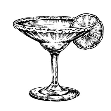 Üzerine limon dilimi konmuş bir bardak margarita. Bardağın yarısı dolu ve limon dilimi bardağın kenarında.