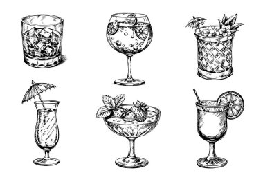 Altı farklı bardakta içki seti. İçkilerde martini, margarita, mojito, daiquiri, martini ve margarita var.