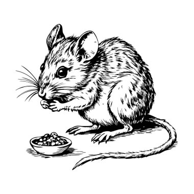 Fare yerde yiyecek koklarken çizilen mürekkep çizimi.