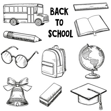 Eskiz tarzında okula dönen eski okul ögeleri kümesi