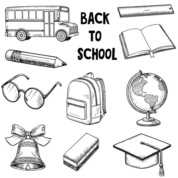 Eskiz tarzında okula dönen eski okul ögeleri kümesi