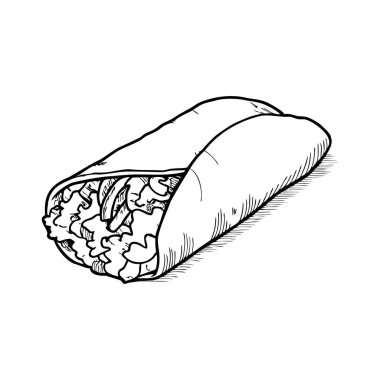 Tortilla 'ya sarılmış bir burrito' nun el çizimi. Burrito marul, fasulye ve diğer malzemelerle doludur. Basit ve iştah açıcı bir tasarım sergiler..