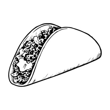 Köfte, marul ve peynirle dolu bir taco 'nun el çizimi. Taco kabuğu kıvrımlı ve yemek kavramını vurgulayan basit bir tasarımı var..