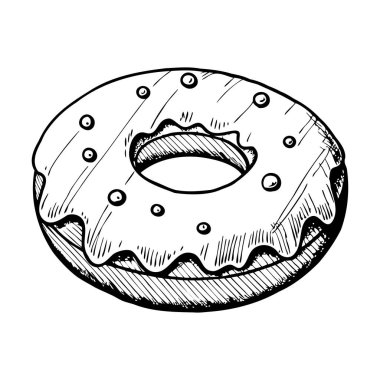 Kremalı ve şekerli bir çöreğin elle çizilmiş bir çizimi. Çörek yuvarlaktır. Ortasında bir delik vardır. Klasik bir tatlı tasarımı sergiler..