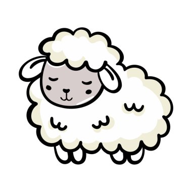 Yumuşak beyaz yünlü ve gri yüzlü şirin bir koyun. Koyunların nazik bir ifadesi ve ayakları üzerinde duran küçük kulakları vardır..