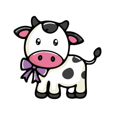 Siyah benekli ve pembe burunlu şirin bir inek. Boynunda mor bir fiyonk ve neşeli bir ifade var. Arka plan basit ve renkli..