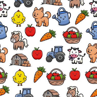 Çizgi filmlerdeki çiftlik hayvanları ve nesnelerden oluşan renkli bir desen. Bir köpek, inek, at, civciv, traktör, sulama kutusu, elma, havuç ve sebze sepetleri içerir..