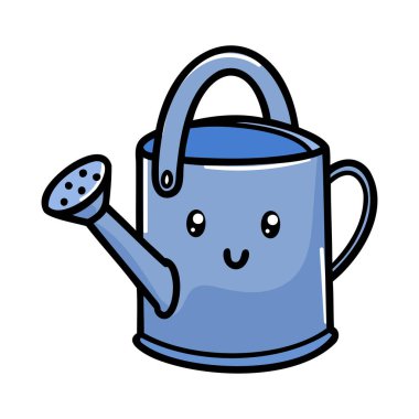 Gülümseyen yüzlü şirin mavi bir sulama kutusu. Teneke kutunun bahçe ve bitki bakımı için tasarlanmış uzun bir ağzı ve sapı var..