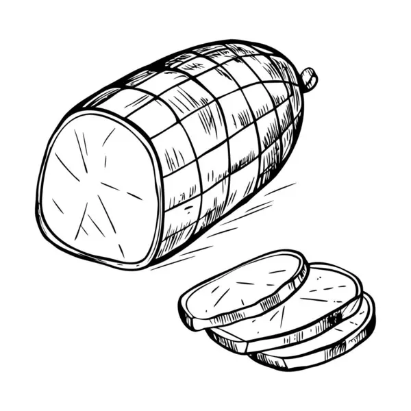 Yüzeyinde ızgara desenli dilimlenmiş bir rulo köfte. Etin dokusunu ve rengini gösteren somunun yanına üç dilim yerleştirildi..