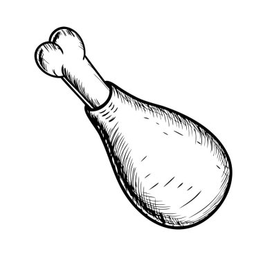 Elle çizilmiş tavuk budu çizimi. Et, bir ucundaki kemik ile tasvir edilir, şeklini ve dokusunu gösterir..