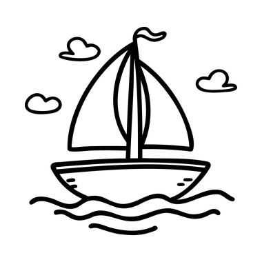 Gökyüzünde üç bulut olan bir yelkenlinin siyah beyaz çizgisi.