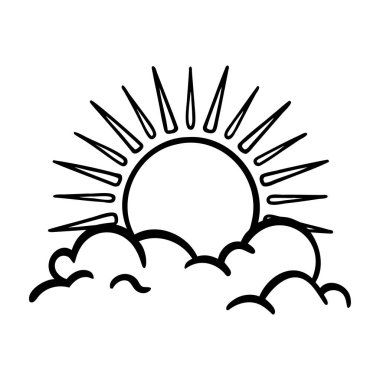 Kara güneş kısmen bulutlarla kaplı ve dışarıya doğru uzanan ışınları basit bir sanat tarzında..