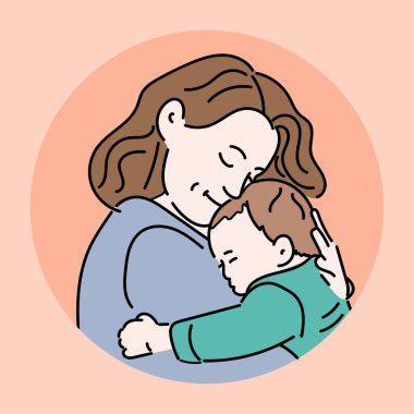 Anne çocuğu sevgi ve şefkatle kucaklıyor, bebek bakımı ve düz çizgi filmdeki emzirme ikonları.