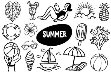 Güneş, dondurma, güneş gözlüğü, plaj topu, şemsiye, yelkenli ve tropikal bitkiler de dahil olmak üzere siyah ve beyaz yaz temalı simgeler.