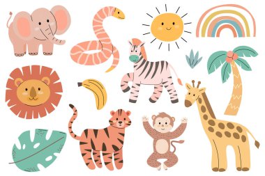 Filler, aslanlar, zebralar, kaplanlar, maymunlar ve zürafaların yanı sıra güneş, gökkuşağı ve tropikal bitkiler..