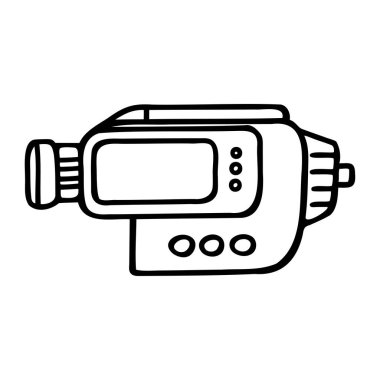 Basit bir video kamera çizimi. Kamera bir lens, düğmeler ve dikdörtgen bir gövdeye sahip. Video kayıt teknolojisini temsil ediyor..