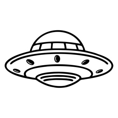 Uçan dairenin basit bir çizimi. UFO, kubbe şeklinde bir üst ve kenarlarında ışıklar olan dairesel bir tabana sahiptir. Bilim kurgu temalarını temsil ediyor..