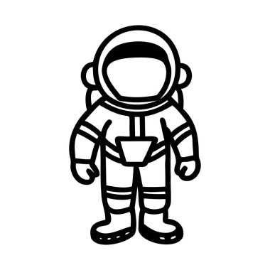 Uzay giysisi içindeki bir astronotun basit bir çizimi. Astronot dik duruyor, başlık ve bot giyiyor, temel bir tasarımı var..