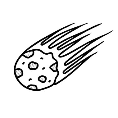 Kayalık bir yüzeyi ve uzun bir kuyruğu olan el çizimi bir kuyruklu yıldız, uzay ve gök cisimleri kavramını gösteriyor..