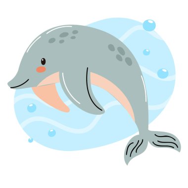 Bir çizgi film yunusu mavi suda neşe içinde yüzer. Yunusun açık gri bir vücudu, koyu benekleri ve neşeli bir ifadesi vardır. Kabarcıklar etrafını sardı.