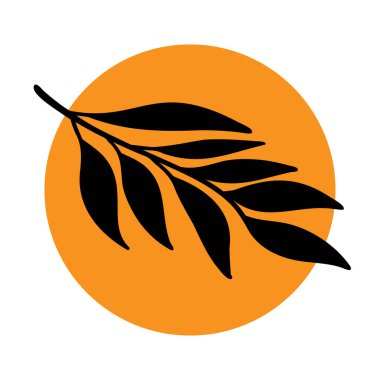 Turuncu yuvarlak arka planda siyah bir yaprak silueti. Tasarım basit ve modern, çeşitli yaratıcı projeler için uygun..