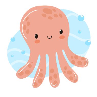Gülen yüzlü ve açık pembe renkli şirin bir çizgi film ahtapotu. Sekiz kolu var ve etrafı mavi su kabarcıklarıyla çevrili..