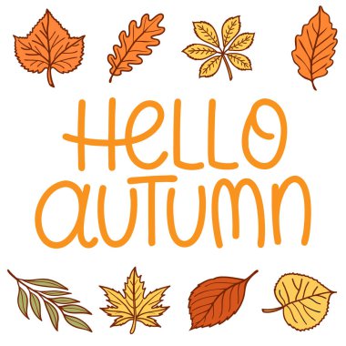 Metni çevreleyen renkli sonbahar yaprakları Merhaba Autumn. Tasarım, turuncu, sarı ve kahverengi tonlarında çeşitli yaprak şekillerine sahiptir..