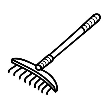 Tahta saplı ve metal çatallı bir bahçe tırmığı. Alet, toprağı düzleştirmek ve açık alanlarda yaprak toplamak için tasarlandı..