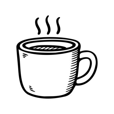 Dumanı tüten bir kahve fincanının basit bir çizimi. Fincanın sapı yuvarlaktır ve üstten yükselen buhar içerideki sıcak içeceği gösterir..