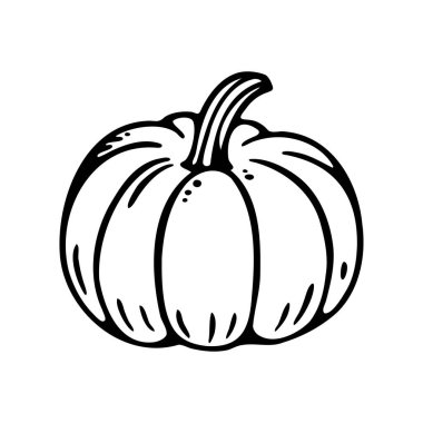 Kavisli ve çıkıntılı bir yüzeyi olan bir balkabağının basit siyah beyaz çizimi. Balkabağı yuvarlaktır ve sonbahar temaları için uygun klasik bir şekli vardır..