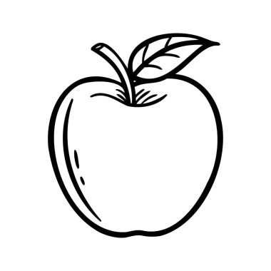 Yapraklı bir elmanın basit bir siyah beyaz çizimi. Elma yuvarlak ve pürüzsüz, doğal şeklini ve özelliklerini sergiliyor..