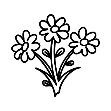 Yapraklı ve saplı üç çiçeğin basit bir çizimi. Çiçeklerin her birinde beş taç yaprağı var ve buket şeklinde sıralanmış..