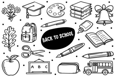 Sırt çantası, kitap, elma, kalem, makas ve okul otobüsü de dahil olmak üzere okula dönüş eşyaları koleksiyonu..