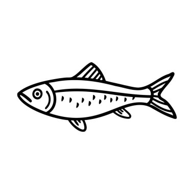 Aerodinamik bir vücudu ve belirgin yüzgeçleri olan basit bir balık çizimi. Balığın sivri bir burnu vardır ve siyah beyaz renkte gösterilir..