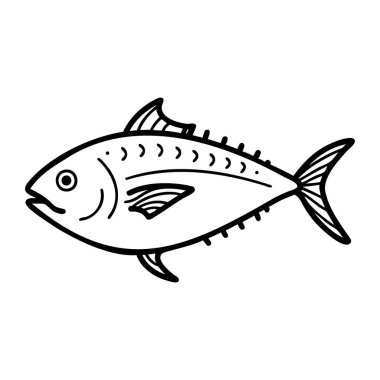 Aerodinamik bir vücudu ve yüzgeçleri olan basit bir balık çizimi. Balıkların sivri burunları ve kenarları boyunca farklı pulları vardır..
